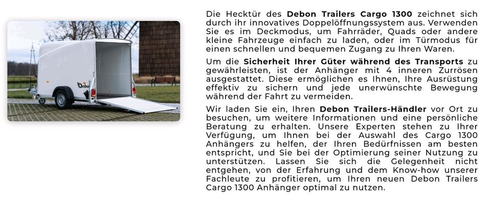 Debon Cargo 1300 Kofferanhänger Pullmann2 * 100kmh * Tür * grau * in Mosbach