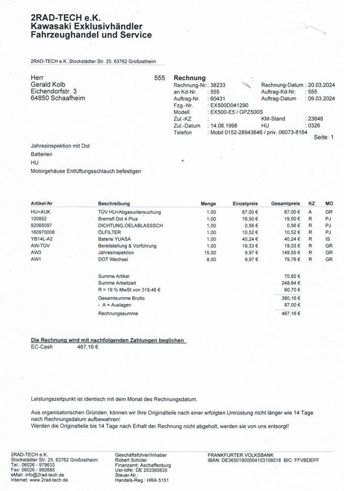 Kawasaki GPZ 500 S / TÜV/AU und Inspektion neu in Schaafheim