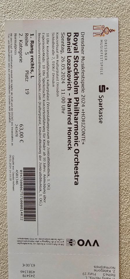 2 Tickets Royal Stockholm Philharmonic Orchestra in Dresden