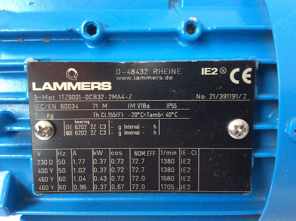 2x Lammers 3-PH Motor 1TZ9001-0CB32-2MA4-Z, 370W, 1380U/min in Korschenbroich