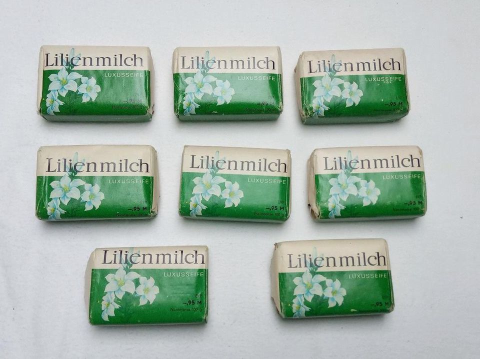 8x Lilienmilch Luxusseife und Einkaufsbeutel DDR in Steinberg