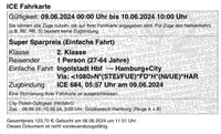Zug Bahn ICE Ticket Ingolstadt Hamburg 09.06 Bayern - Ingolstadt Vorschau