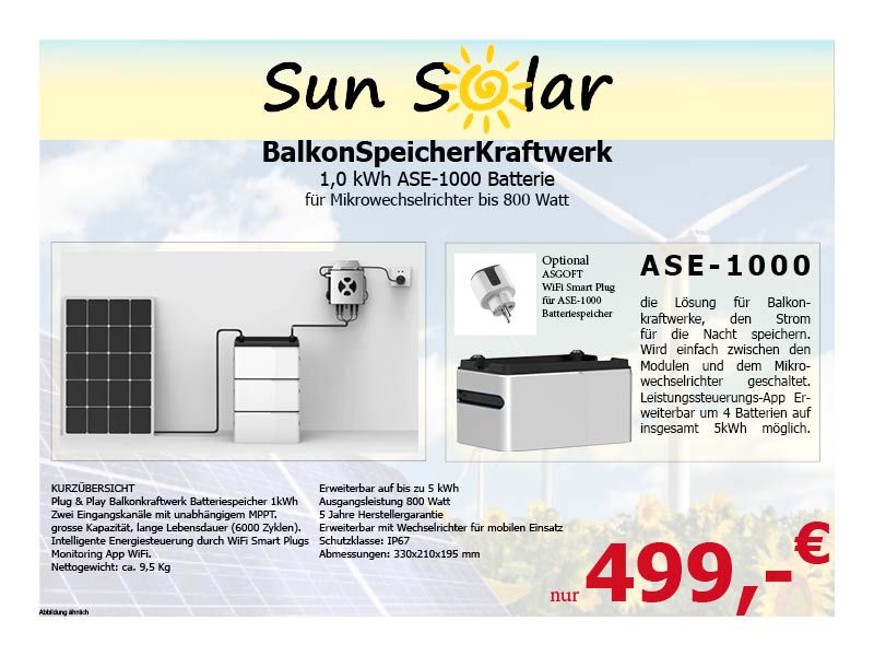 SUN Solar ASGOFT ASE-1000 Batteriespeicher 1kW Balkonkraft in Plattenburg
