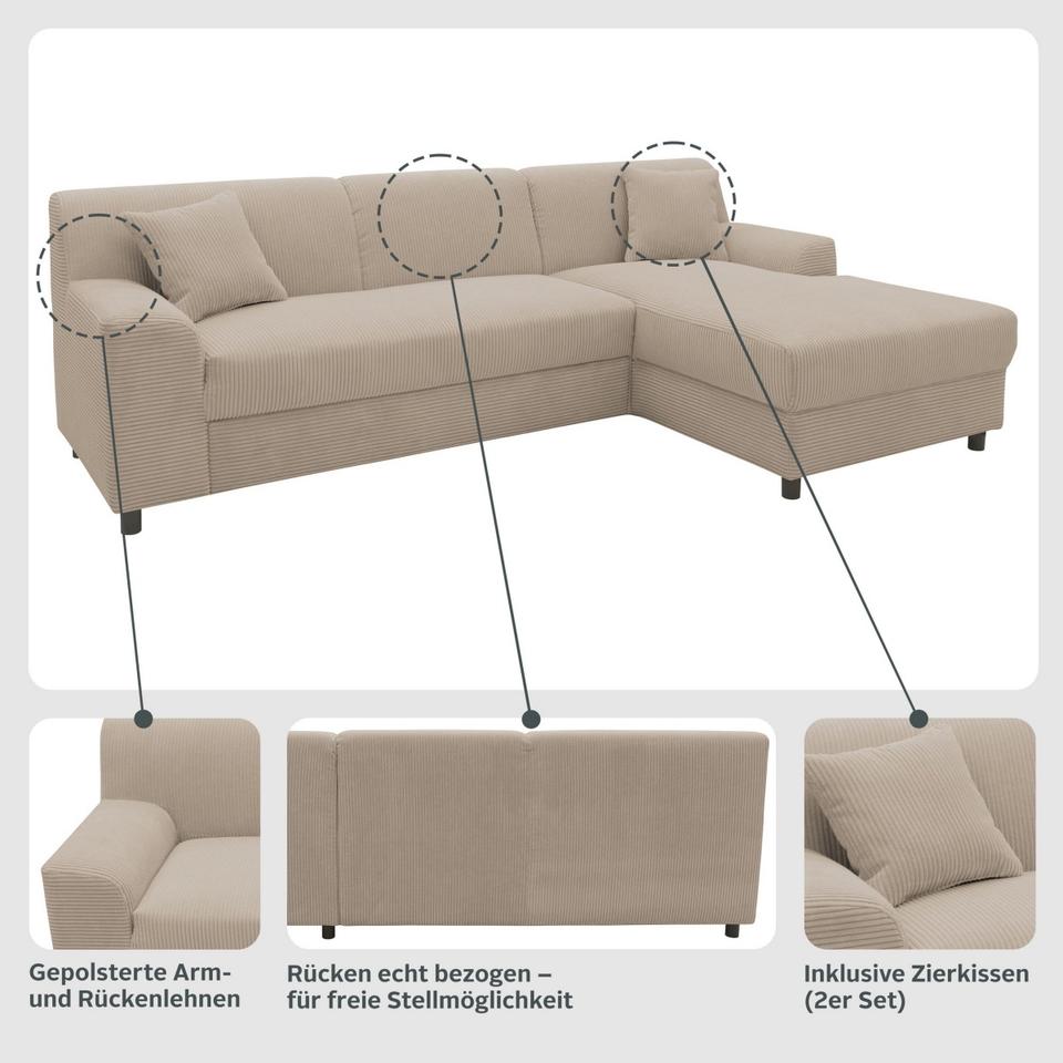 Kleines Ecksofa Cord Dunkel Beige Schlaffunktion Federkern 241cm in Köln