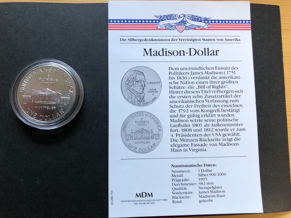 USA Silberdollar Madison 1993 Münzzeichen D in Hanau