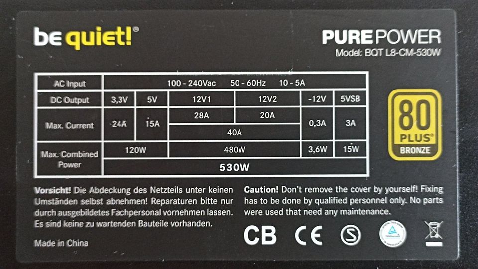 Netzteil Be Quiet L8 530W Bronze Cable Management geprüft sauber in München