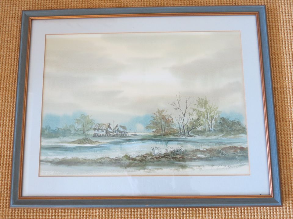 Aquarelle von R. Sompong – Inselidylle, Pfahlhäuser Lagune in Wolfhagen 