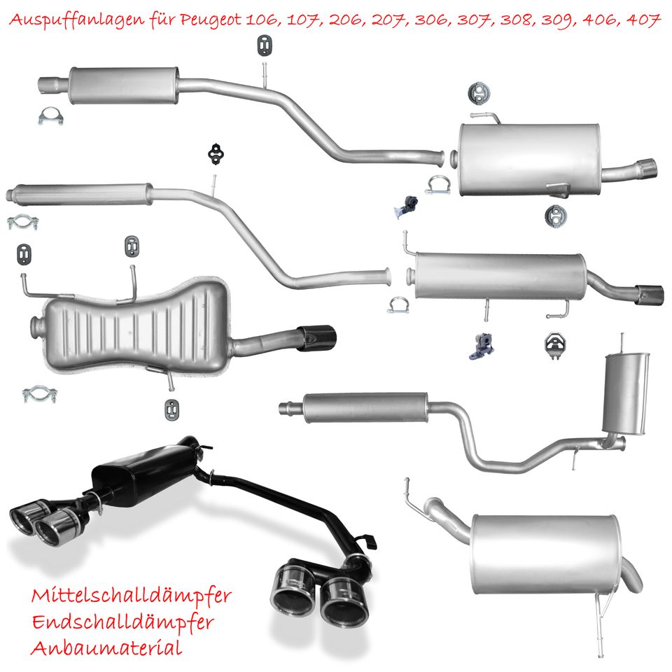 Peugeot 106 206 207 306 307 308 406 407 605 607 806 807 Auspuff  Endschalldämpfer Mittelschalldämpfer Hosenrohr Katalysator  Rußpartikelfilter Sportauspuff Lambdasonden Flexrohre Rohre Winkelrohre in  Sachsen - Hoyerswerda | Ersatz- & Reparaturteile ...