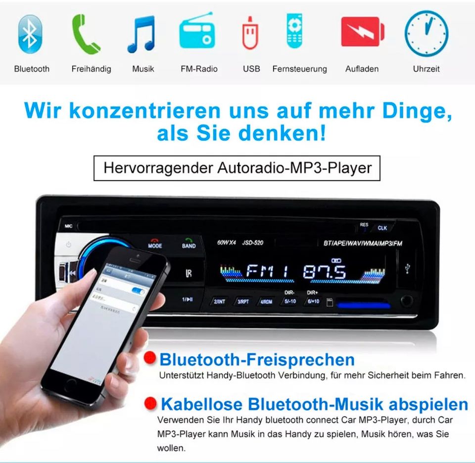 1 DIN Autoradio Bluetooth Freisprecheinrichtung USB AUX MP3 FM in