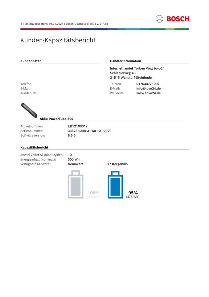 ‼️ Bosch Power Tube 500 E-Bike Akku EB12100017 mit Test 95% smart in Wunstorf