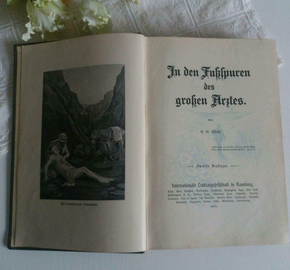 In den Fußspuren des großen Arztes 1909 Buch Gott Glaube antik in Dinslaken