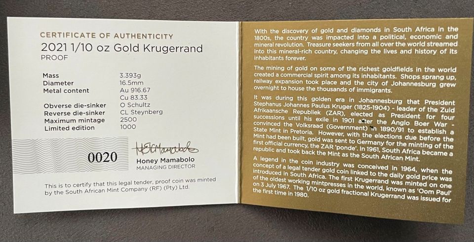 Goldmünze Krügerrand 2021 - im Etui - 1/10 Oz PP, polierte Platte in Mühlacker
