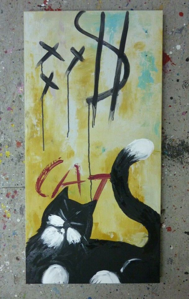 Original Bild Gemälde Graffiti Black Cat Katze Kater Beton Mural in Porta Westfalica
