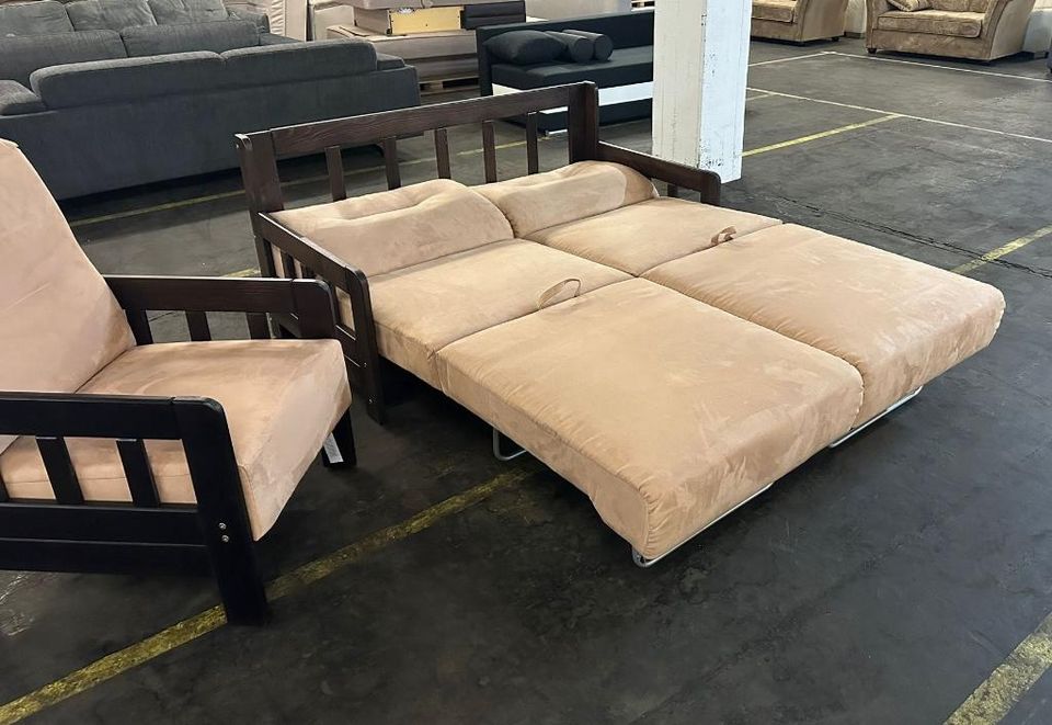 Sofa Set Sessel Schlaffunktion Massivholz Beige in Bielefeld