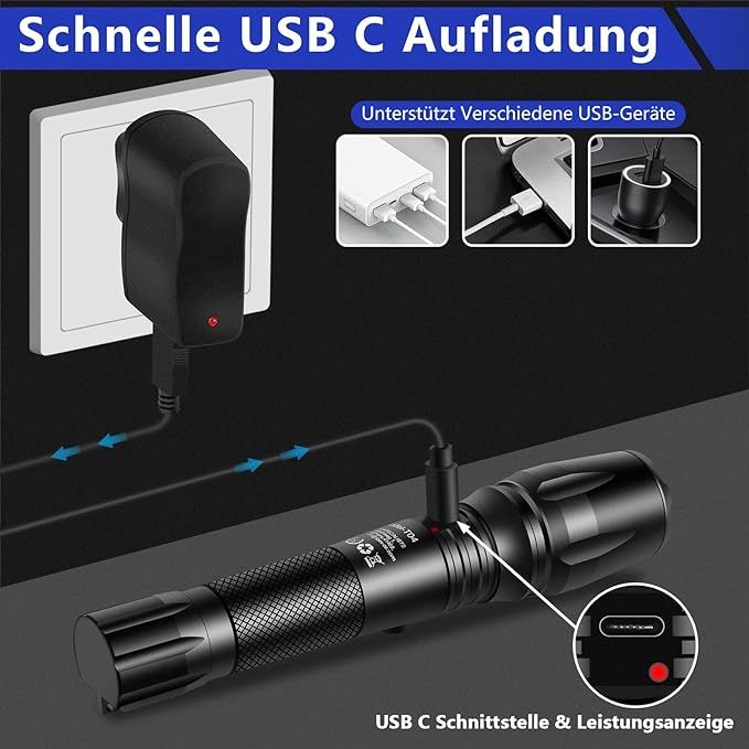 Taschenlampe LED Aufladbar USB C, Extrem Hell 10000 Lumen Taktisc in Berlin