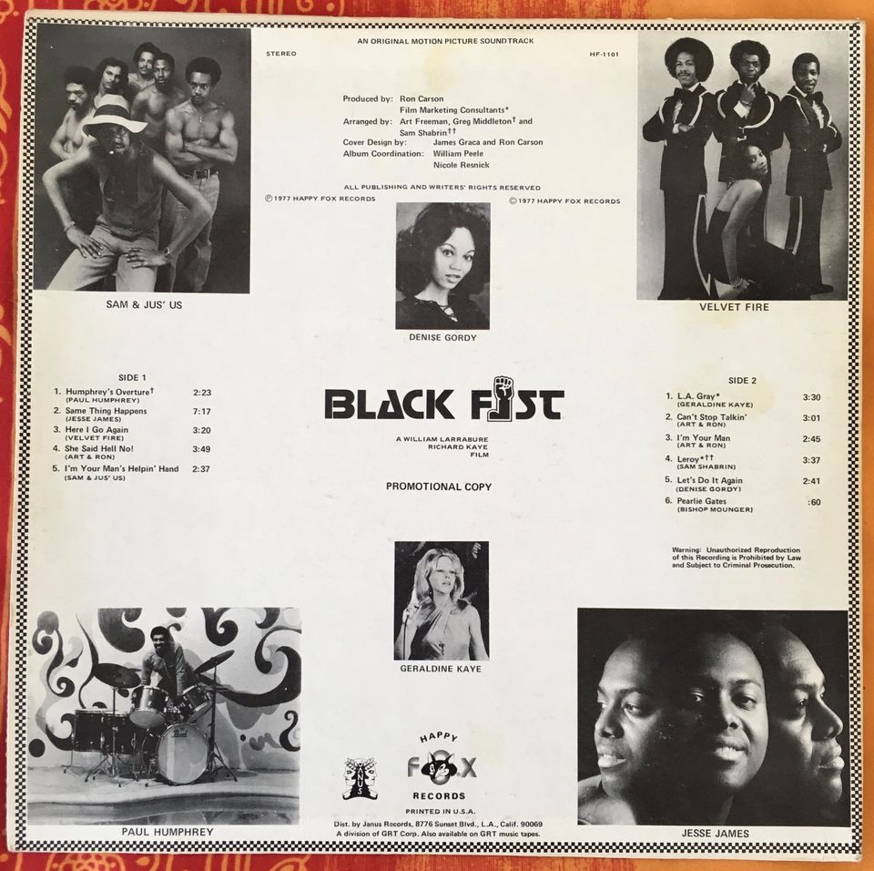 OST Black Fist VINYL Promo LP Soul FUNK Soundtrack HAPPY FOX 1977 in Bünde