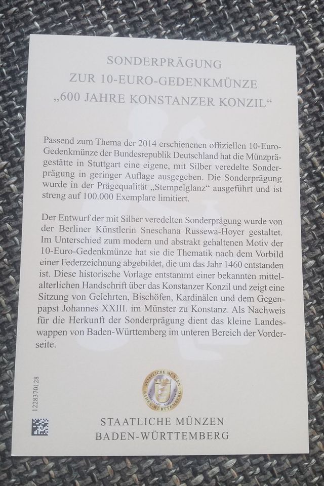 Sonderprägung 10 Euro Gedenkmünze 600 Jahre Konstanzer Konzil in Rötgesbüttel