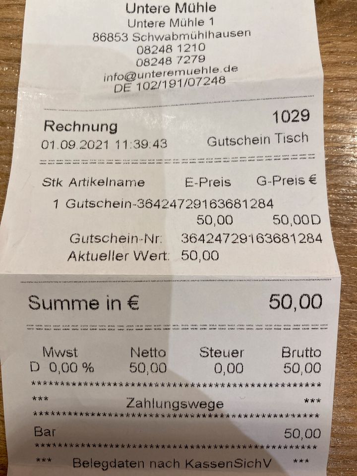 Gutschein Untere Mühle Schwabmühlhausen Wert 50€ in Langerringen