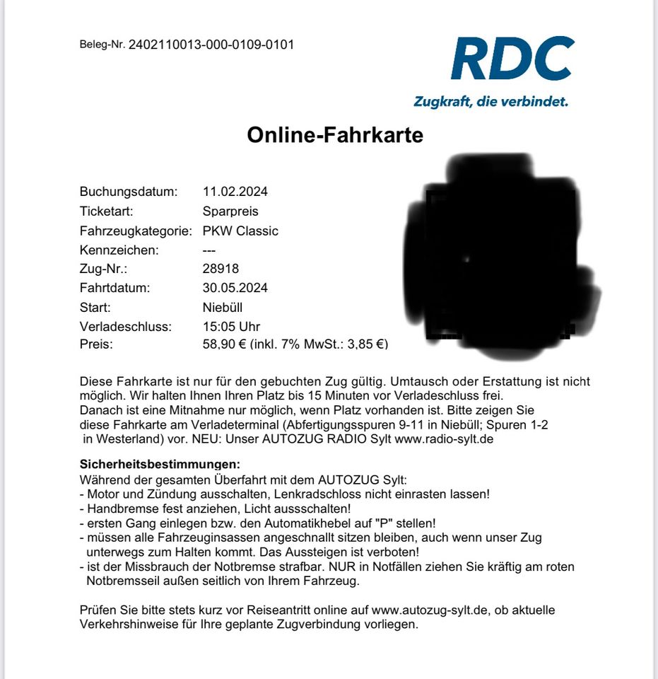 Fahrkarte PKW Niebüll —> Sylt am 30.05.2024 in München