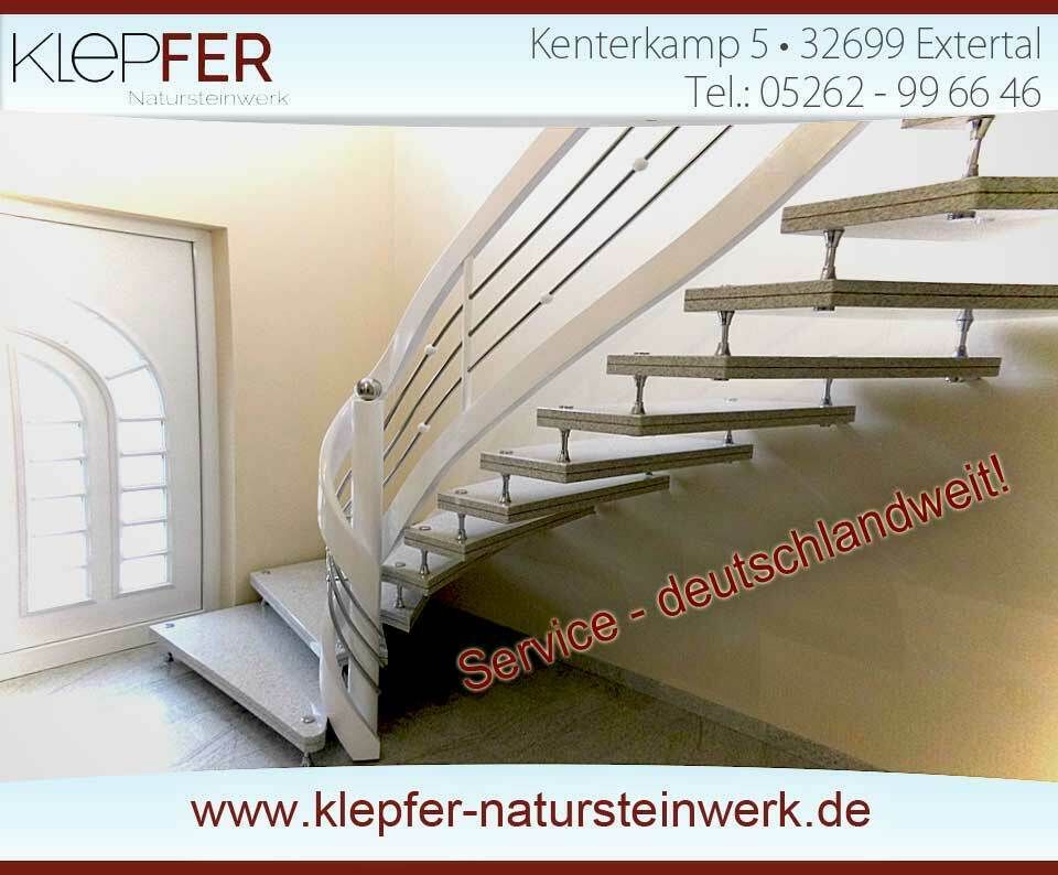 Freitragende Bolzentreppe "Cielo White" Granit Treppe in Extertal