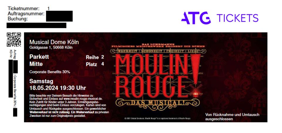 1 Karte Moulin Rouge Muscial Köln Sa. 18.05. top Platz 2. Reihe in Würzburg