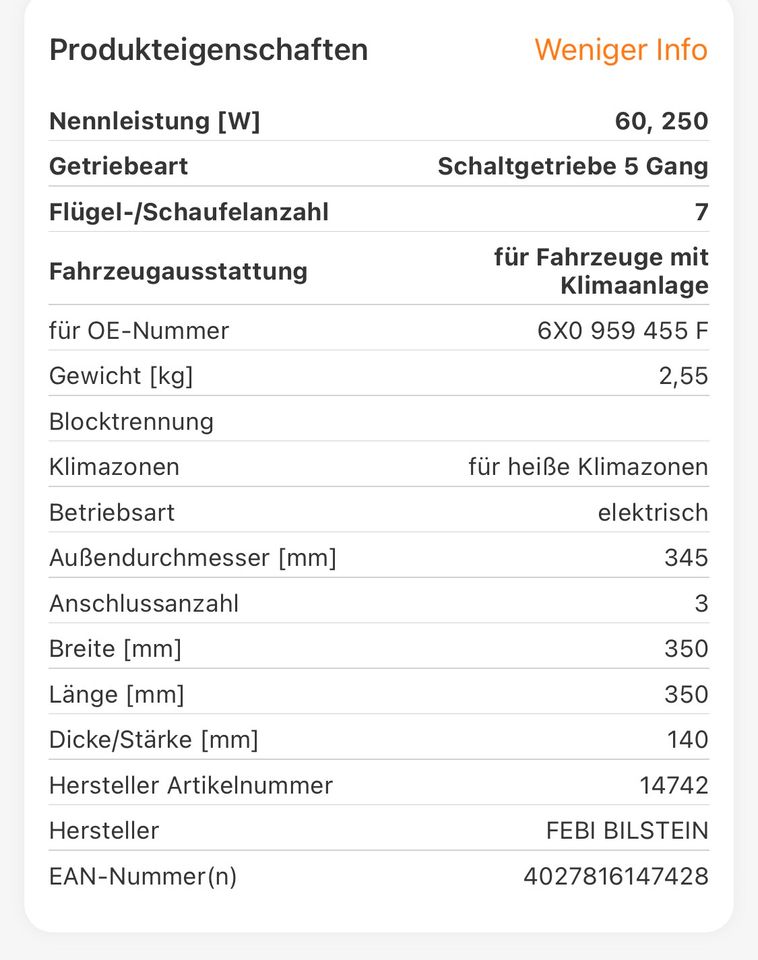 Kühlerlüfter FEBI 14742 VW 345mm in Butzbach