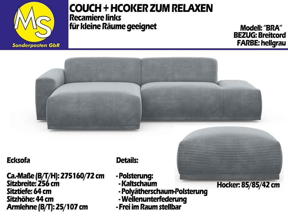 Sofa Couch Wohnlandschaft L-Form + Hocker Breitcord hellgrau in Mettingen