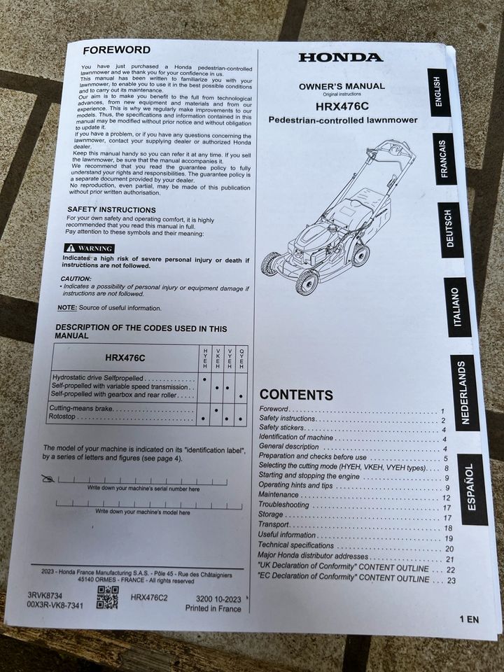 Rasenmäher Honda HRX 476 C2 VK von 03/24 mit 3,1 kw und OVP … in Frechen