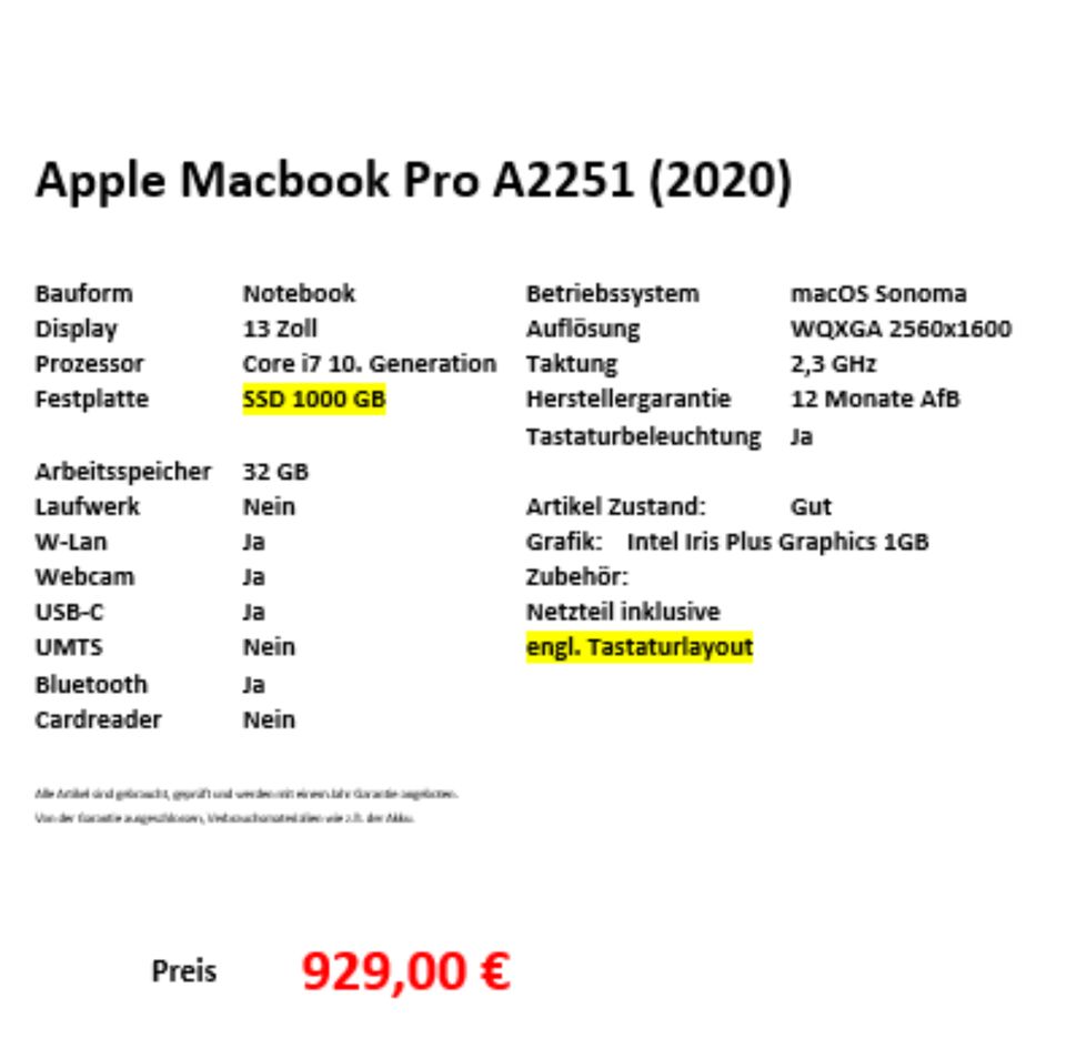 Apple Macbook Pro A2251, 13" i7 10Gen. 1TB SSD 32GB RAM AfB Essen in Essen