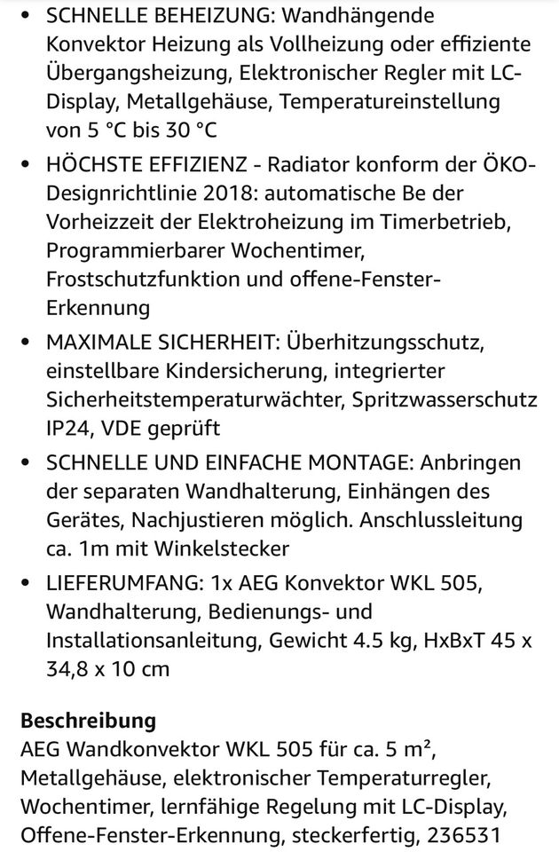 AEG Wandkonvektor WKL 505 Elektroheizung Heizkörper in Brackenheim