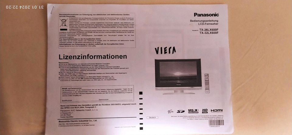 Fernseher Panasonic TX-32LX600F mit FB und Bedienungsanleitung in Düsseldorf