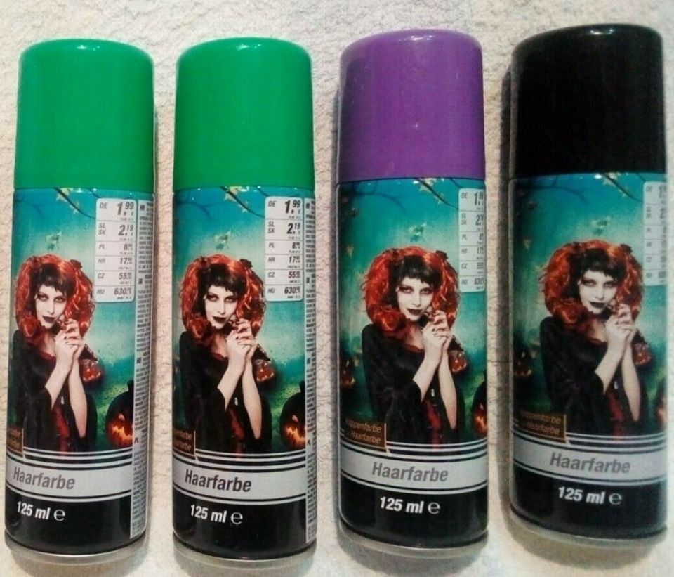 4 Flaschen Haarfarbe Spray Karneval, neu, grün, lila, schwarz in Wesel