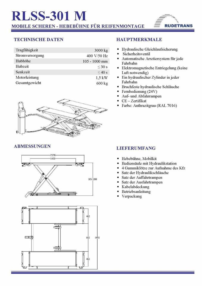 MOBILE SCHEREN-HEBEBÜHNE RLSS-301M MIT TRAGKRAFT 3000 KG in Schalksmühle