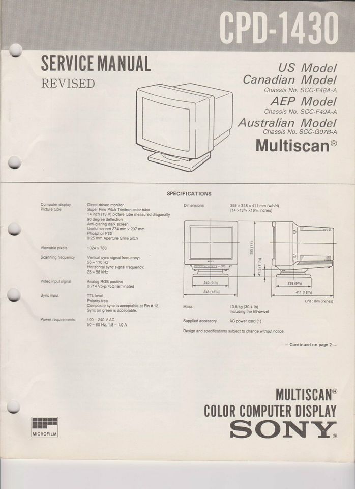 Sony CPD-1430 Service Manual Service Unterlagen Schaltbild in Idar-Oberstein