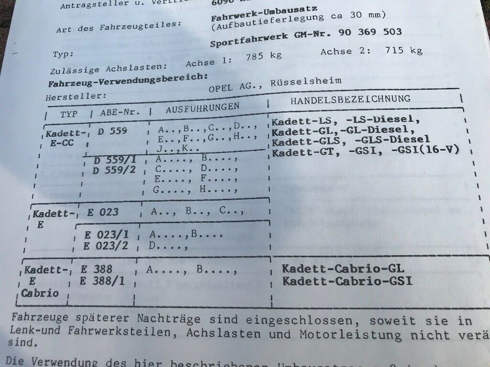 Opel Kadett E Irmscher Fahrwerk NEU 30mm CC Cabrio Stufenheck TOP in Köthen (Anhalt)