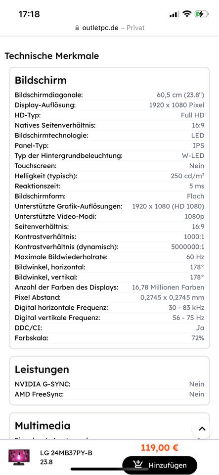Monitor - LG 24MB37PY-B in Wiesbaden