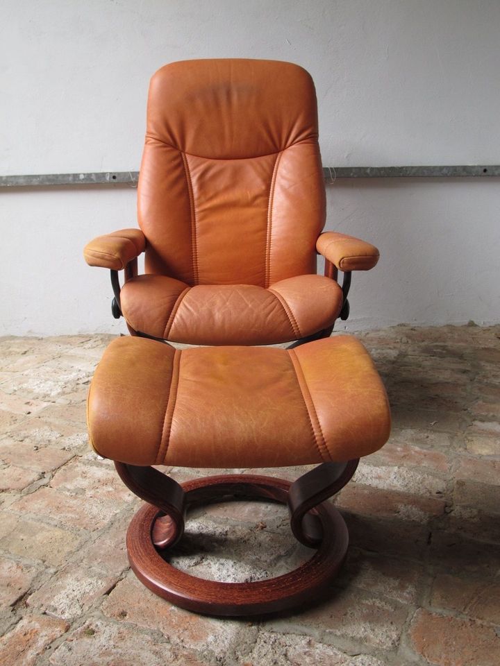 LOUNGE CHAIR LEDERSESSEL COGNAC STRESSLESS EKORNES VINTAGE in Diez