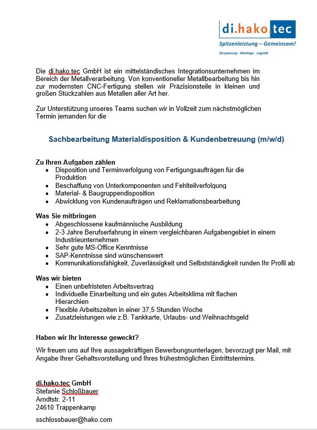 Sachbearbeitung Materialdisposition & Kundenbetreuung (m/w/d) in Trappenkamp