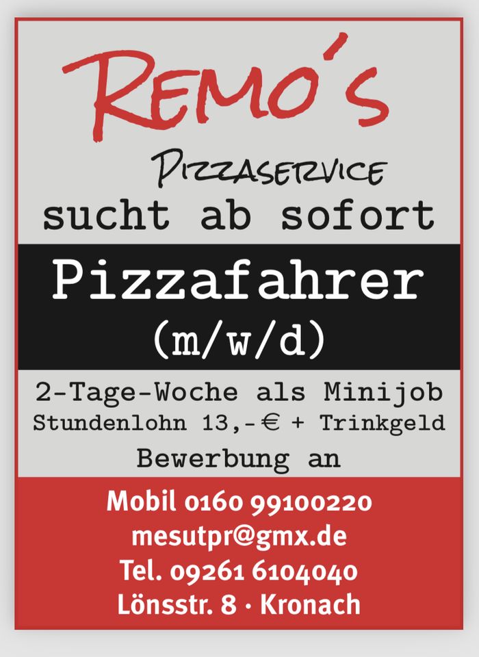 Job als Pizzafahrer ,Pizzabeleger -oder Küchenhilfen (m w d) in Kronach