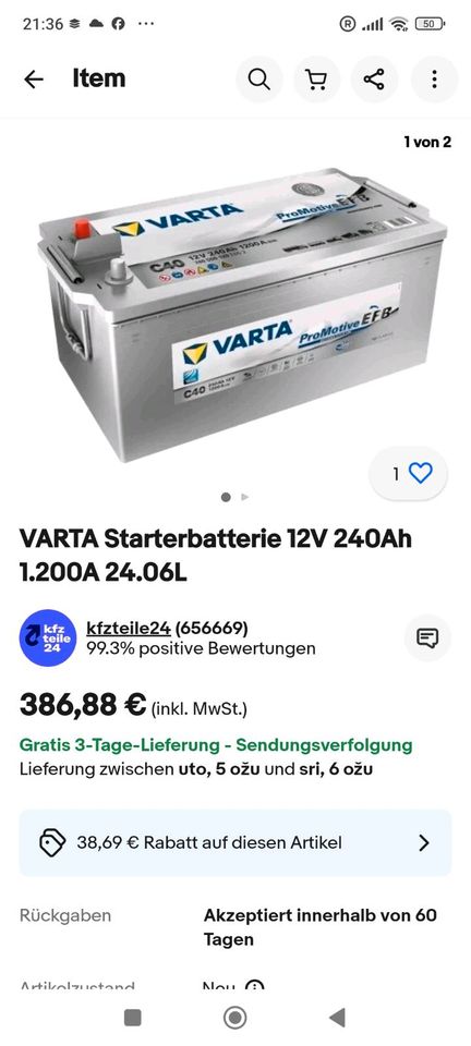 varta c40 starterbatterie 12v 240ah 1200a 24.06l neu in Unterhaching