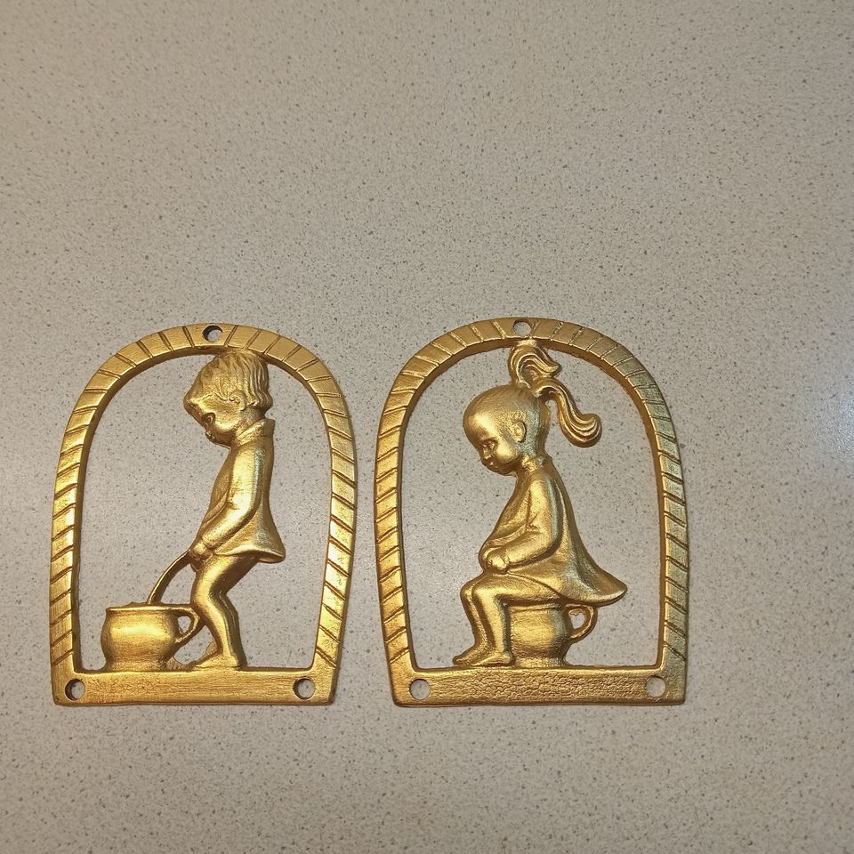 2 WC Schilder Bilder Messing Pipimädchen Pipijunge Toilette gold in Moers