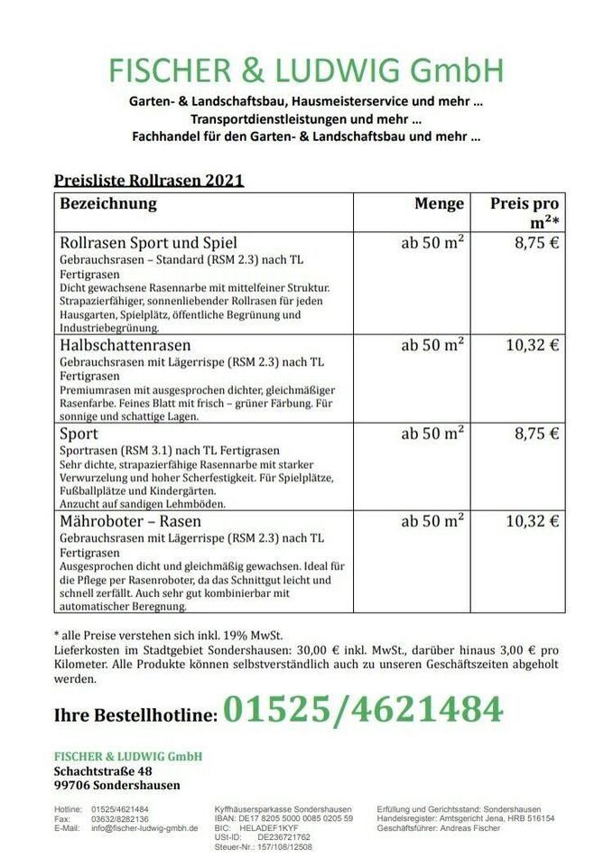 Rollrasen, Spiel- und Sportrasen, Schattenrasen, Zierrasen in Sondershausen