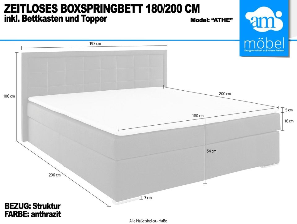 Boxspringbett Bett 180/200 +KSMatratze H3 +Topper Struktur anthra in Bremen