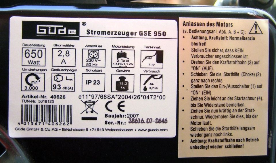 Güde Stromgenerator GSE 950 in Wachtberg