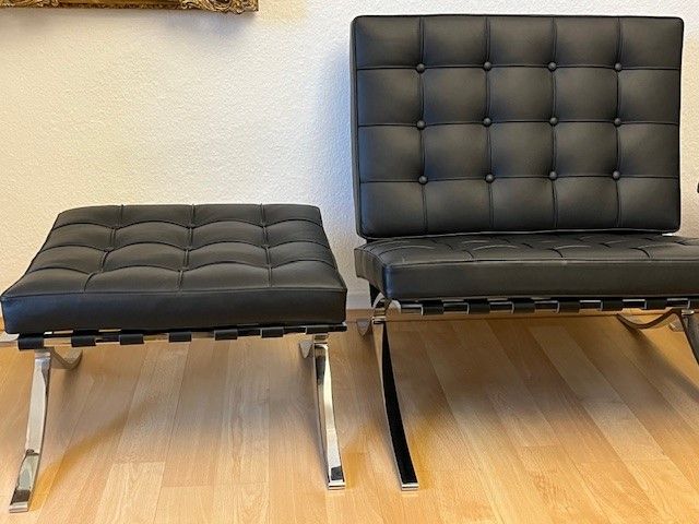 Barcelona Knoll International 2 Sessel + 1 Hocker Leder schwarz in Duisburg