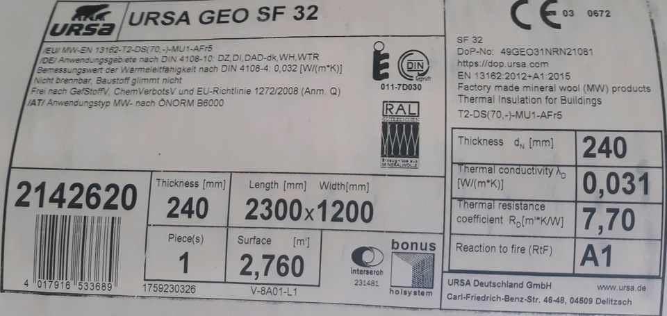 Dämmung, Ursa Geo SF32, 240mm, 4 Rollen in Schlangenbad