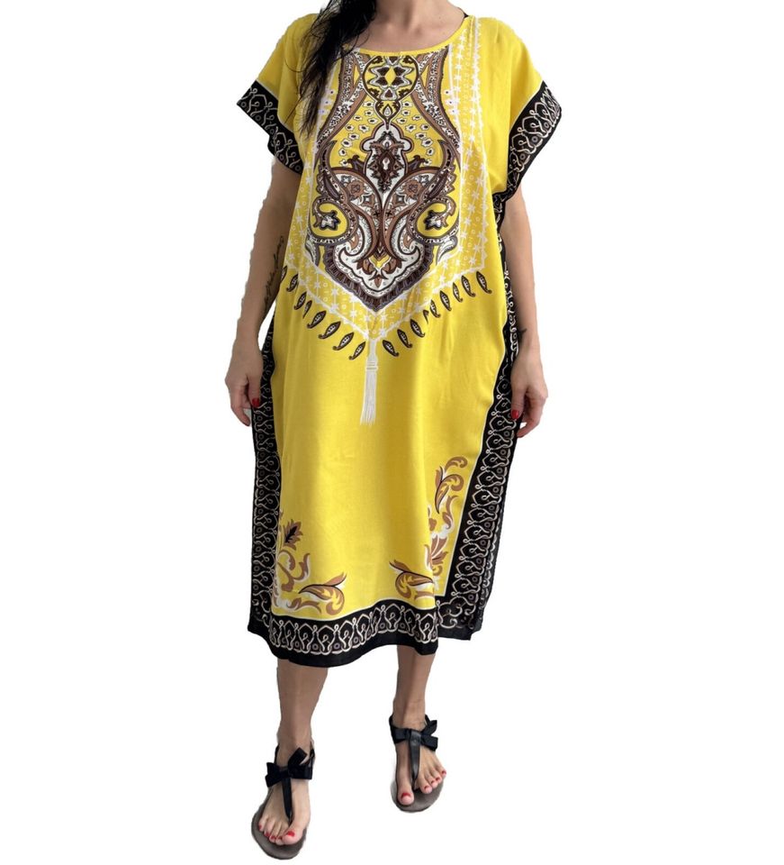 Arabisch Midi Kleid Strandkleid Baumwolle Tunika Sommerkleid Gelb in Essen