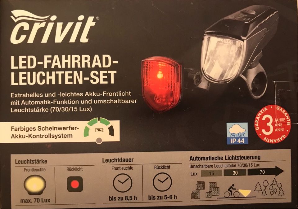 crivit Fahrradleuchtenset LED, 90/70/30/15 Lux NEU Fahrradlampe in  Sachsen-Anhalt - Halle | Fahrrad Zubehör gebraucht kaufen | eBay  Kleinanzeigen ist jetzt Kleinanzeigen