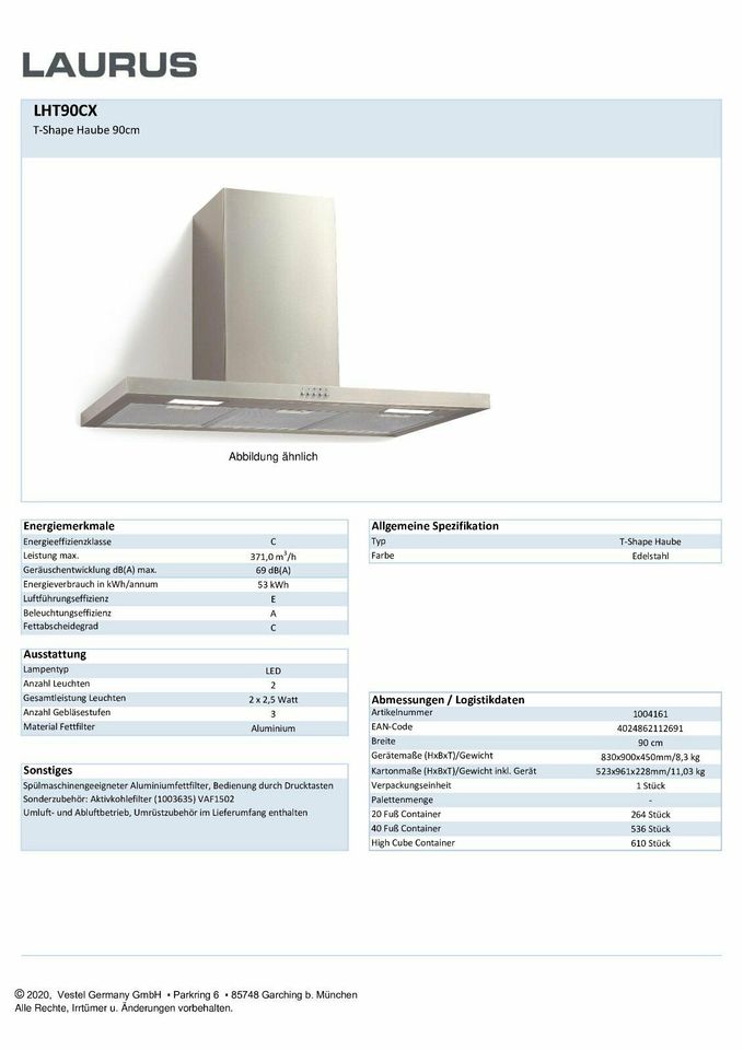 Kaminhaube Edelstahl LAURUS LHT90CX T-Shape Bühne Versand in Borgentreich