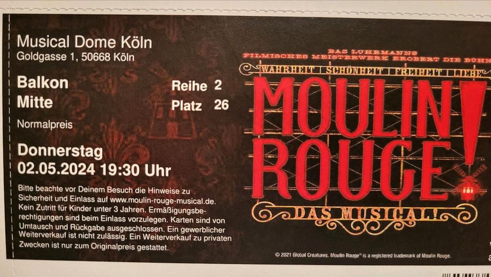 Eilt !!!  2 Tickets Moulin Rouge Köln 2.5.2024 in Wellendingen